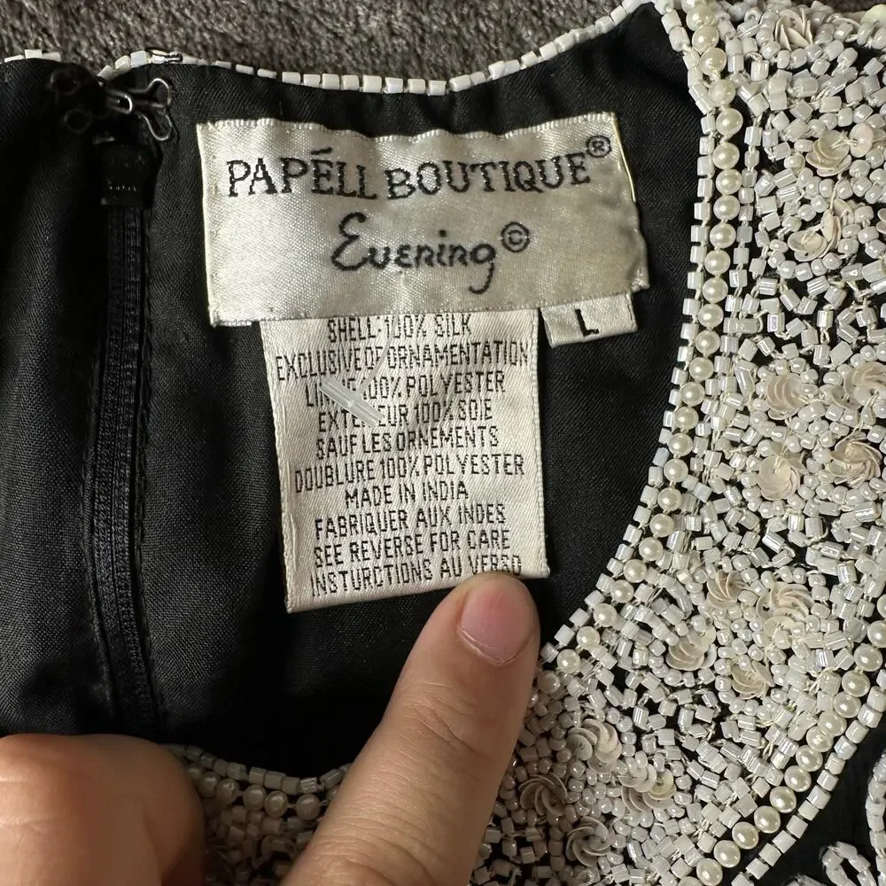 Papell Boutique Evening Women’s Black Floral Beads & Pearls V-Hem Blouse Size L